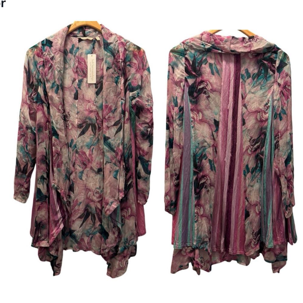 Soft Surroundings Womens Kimono Violet Floral Rites Of Spring Topper Tops M NWT